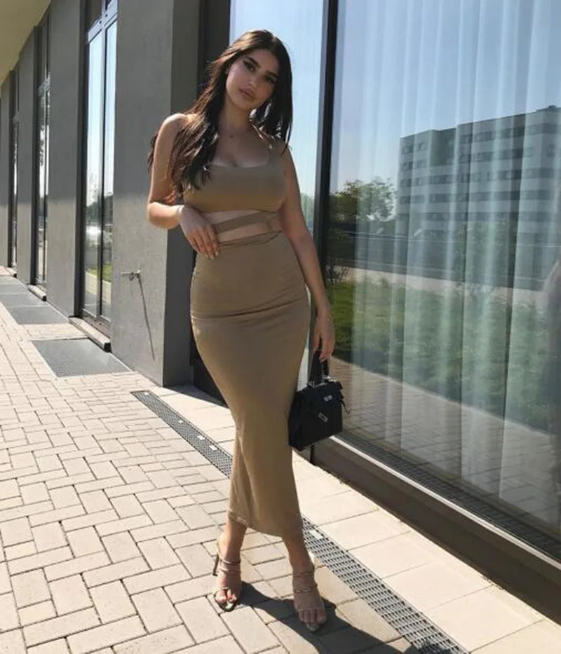 Women Dress Elegant Long Dresses Party Night Dress Women Dresses Woman Female Clothing Sexy Pleated Hollowout Two-piece Dress