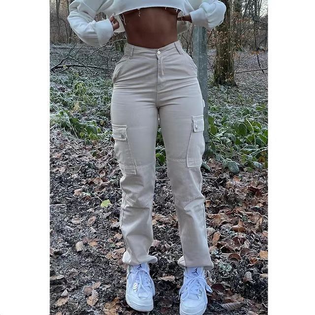 Women High Waist High Elastic Solid Jeans 2023 New Autumn Jeans Women Workwear with Pocket Denim Straight-Leg Pants Cargo Pants