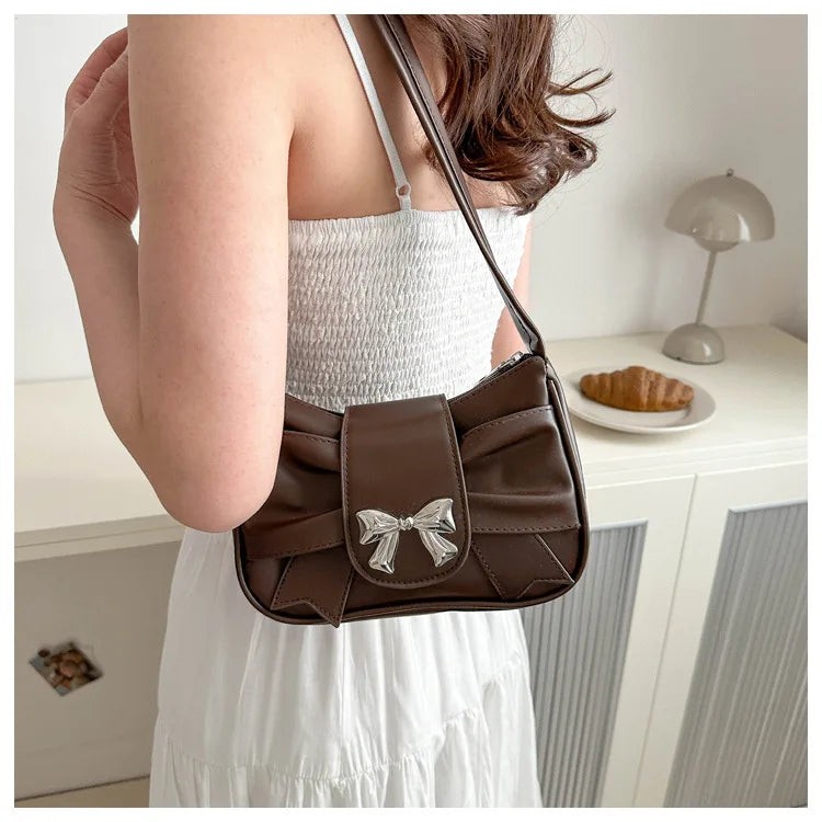 Sweet Bow Small Underarm Bag for Women Fashion PU Leather Ladies Portable Shoulder Bags Solid Color Female Clutch Handbags