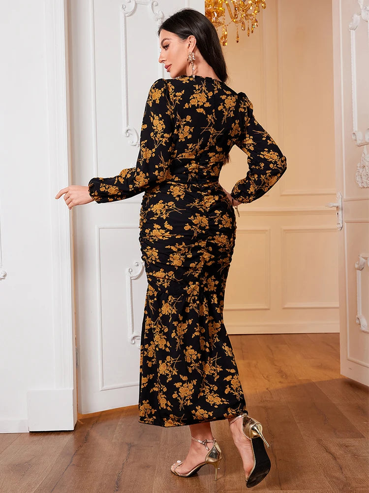 Women Dress Fashion Black Elegant Ladies Floral Dress New Autumn Long Sleeve O-Neck Fold Long Dresses For Women New Arrival 2024