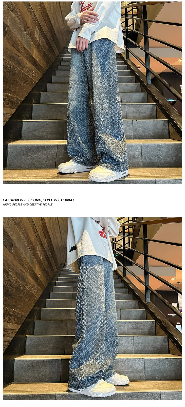 Jeans men Fashion hombre Jacquard Pattern Denim Pants Male Straight Fitting Baggy Bottoms Distressed Wide Jeans For Men