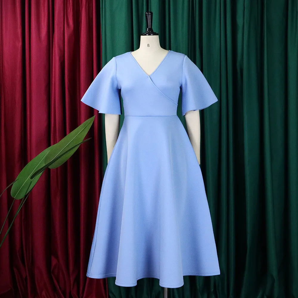 Elegant Party Dresses for Women V Neck Ruffles Sleeve High Waisted Pleated Mid Calf Luxury Birthday Dinner Vestidos Mujer Dress