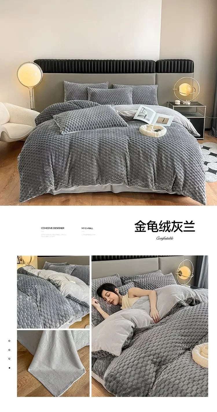 Four Piece Light Pink Honeycomb Plush Bed Duvet Cover Set Winter Milk Velvet Beds Sheet Skirt 3-Piece Home Furnishing Decoration