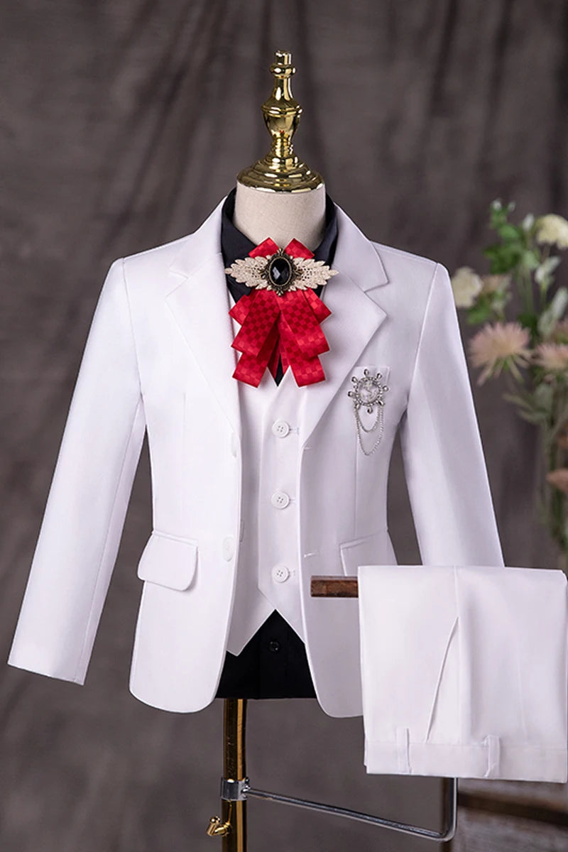 Flower Boys White Baptism Suit Kids Jakcet Vest Pants 3PCS Formal Wedding Dress Children Birhtday Photograph Performance Costume