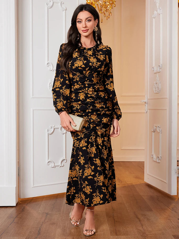 Women Dress Fashion Black Elegant Ladies Floral Dress New Autumn Long Sleeve O-Neck Fold Long Dresses For Women New Arrival 2024