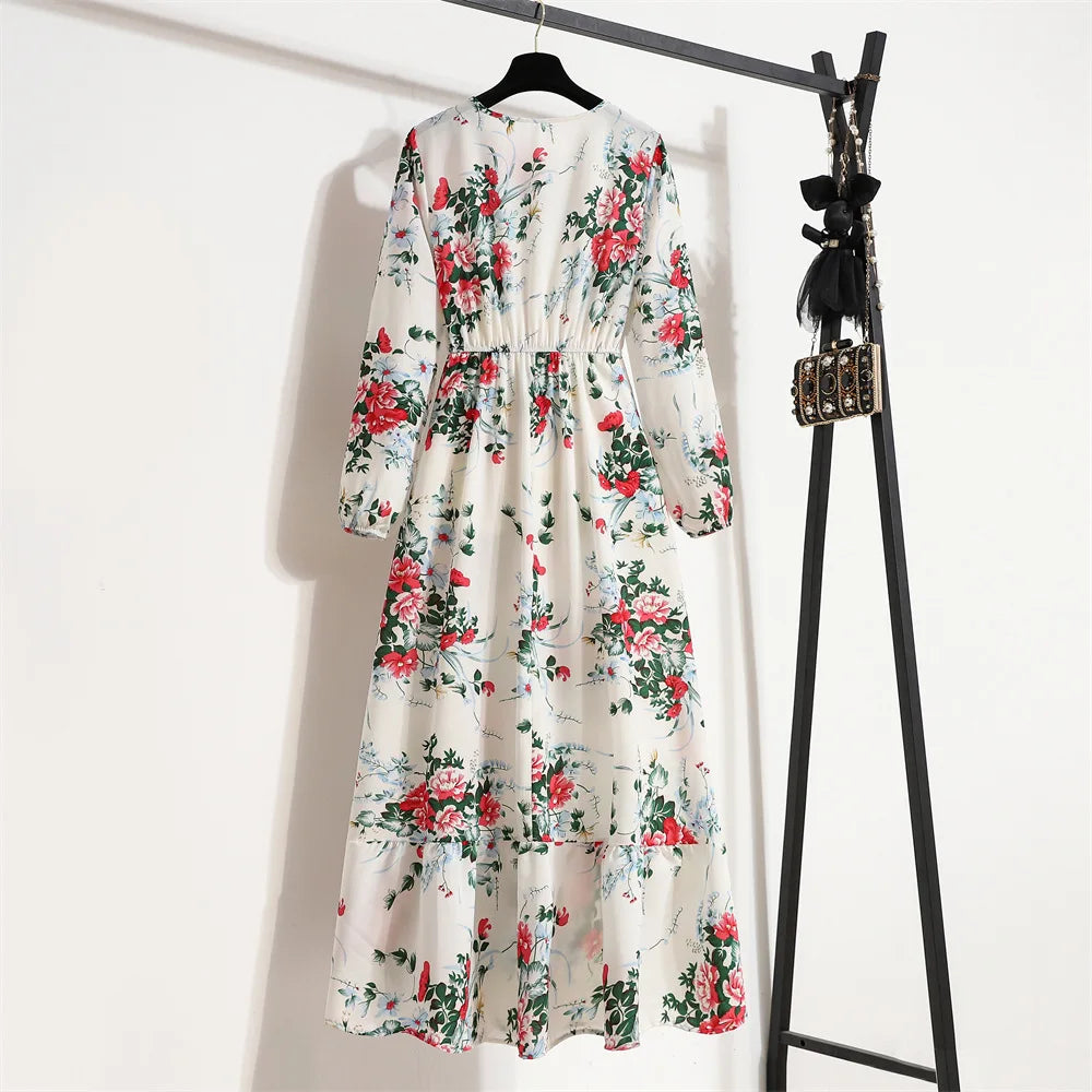 Women Eid Muslim Dresses Dubai Kaftan Tight Waist O Neck Morocco Arab Ruffles Spliced Vestidos Flowers Dress Casual Slim Fit