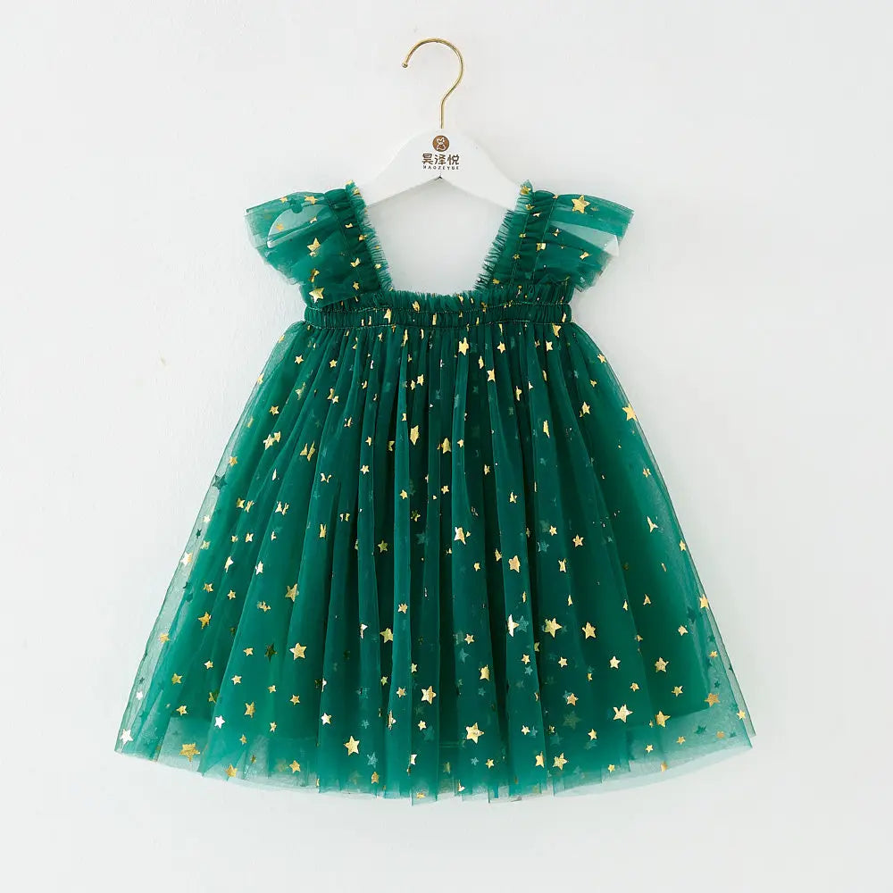 Christmas 2025 Girls Cute Fly Sleeve Star Printed Mesh Puffy Dress Halloween Children Party Photograph Princess Dress 1-6T