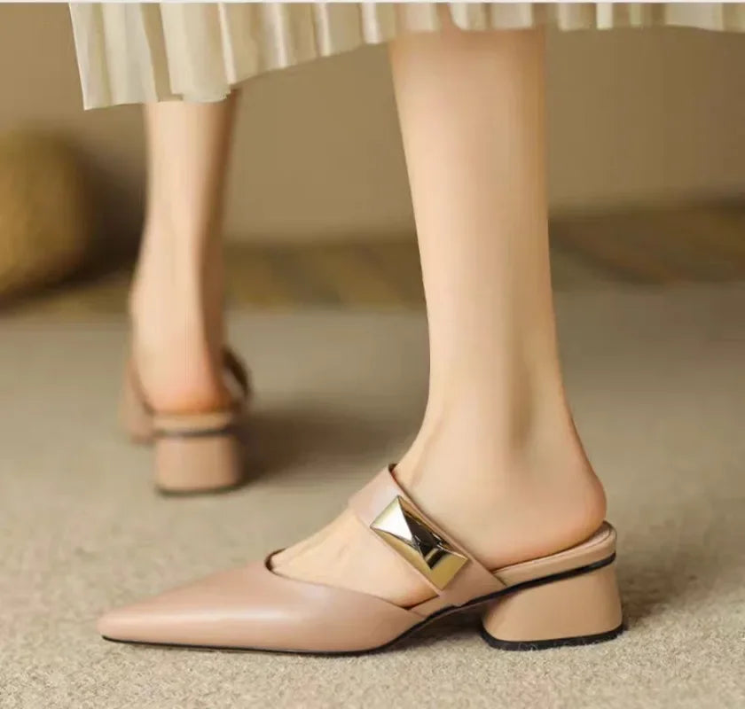 Shoes for Women 2024 Summer New Fashion Pointed Solid Simple Half Women's Slippers Comfortable Outside Leather Shoes Female