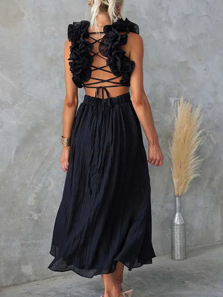 Sleeveless Dresses for Women Elegant Straps Pleated Dress Backless Summer Cotton Linen Dresses High Waist Wholesale Dropshipping