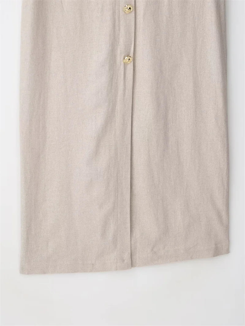 Women's Dresses 2025 New Linen Blend Button Trim Midi Skirt Elegant and chic women's long dress