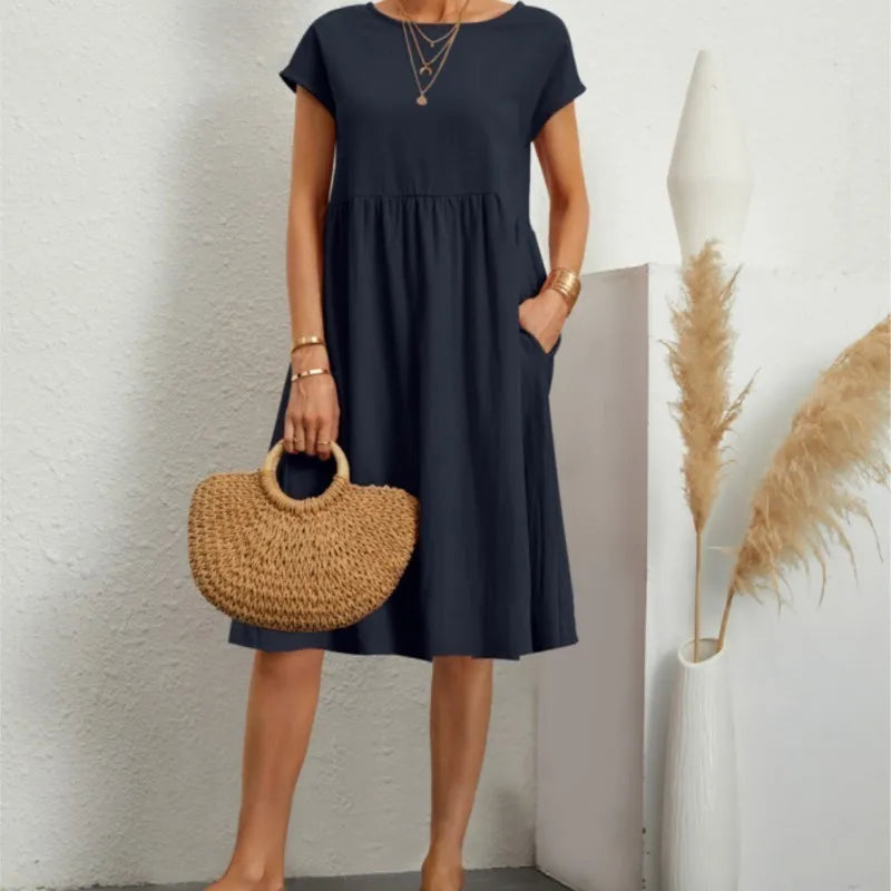 Women's Dresses 2025 Summer Fashion Casual Dresses Women Loose Mid Length Over Knee Dress New Short Sleeve Solid Dress Woman