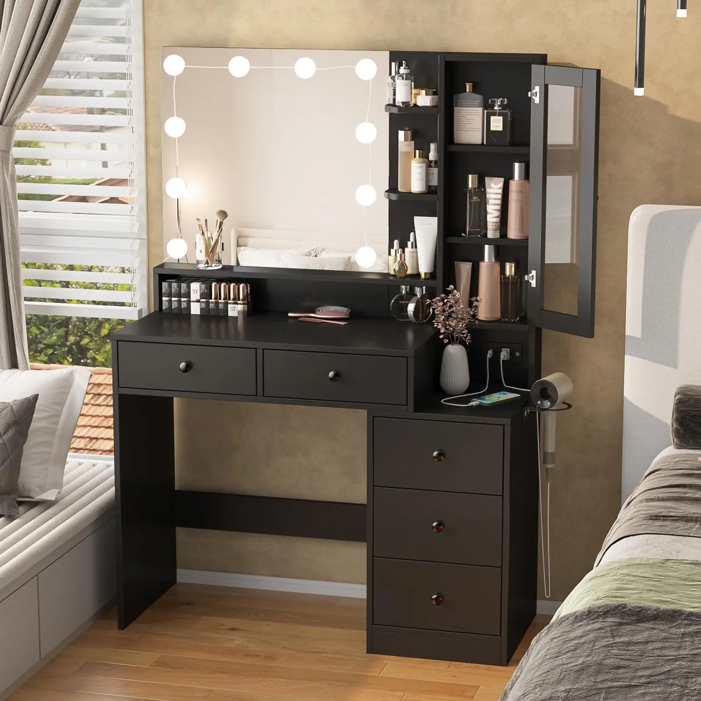 Vabches Vanity Desk with Mirror Lights Makeup Vanity Table with Power Strip&Visible Storage Cabinet Wood 5 Drawer Dressing Table