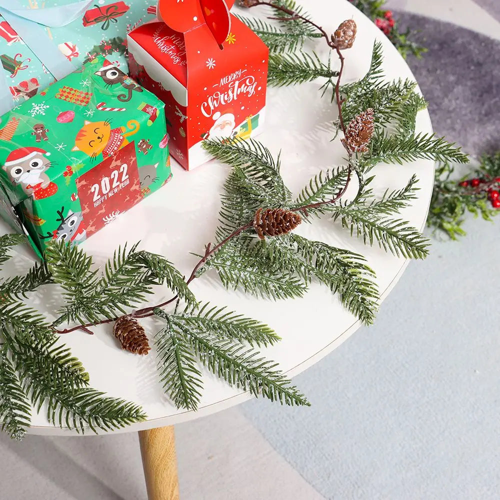 Gift Xmas Tree Ornament Leaves Branches Artificial Red Berries Christmas Decorative Garland Pine Cones Vine Hanging Wreath