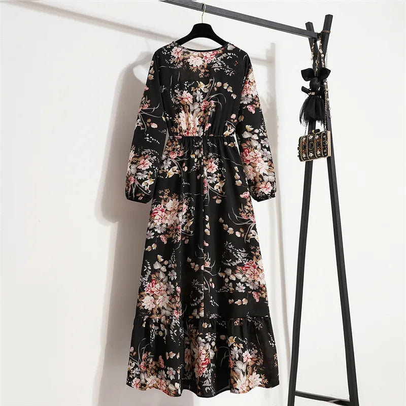 Women Eid Muslim Dresses Dubai Kaftan Tight Waist O Neck Morocco Arab Ruffles Spliced Vestidos Flowers Dress Casual Slim Fit