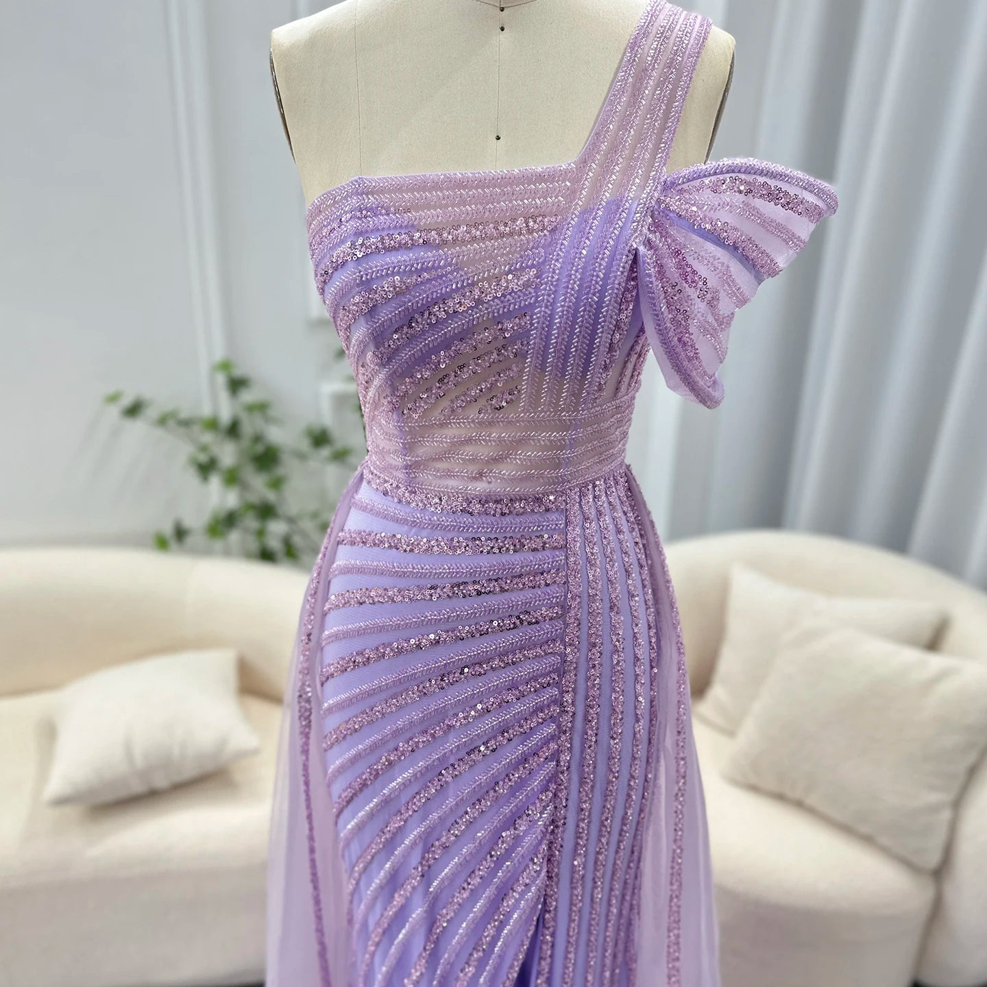 Sharon Said Luxury Dubai Evening Dresses with Overskirt Side Slit Lilac One Shoulder Wedding Formal Party Gowns SS016 Customized