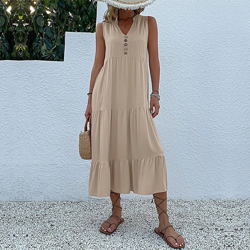 Dresses for Women 2025 Summer V-neck Single-breasted Vest Dress Sleeveless Loose Casual Solid Color Dress Vestidos De Mujer