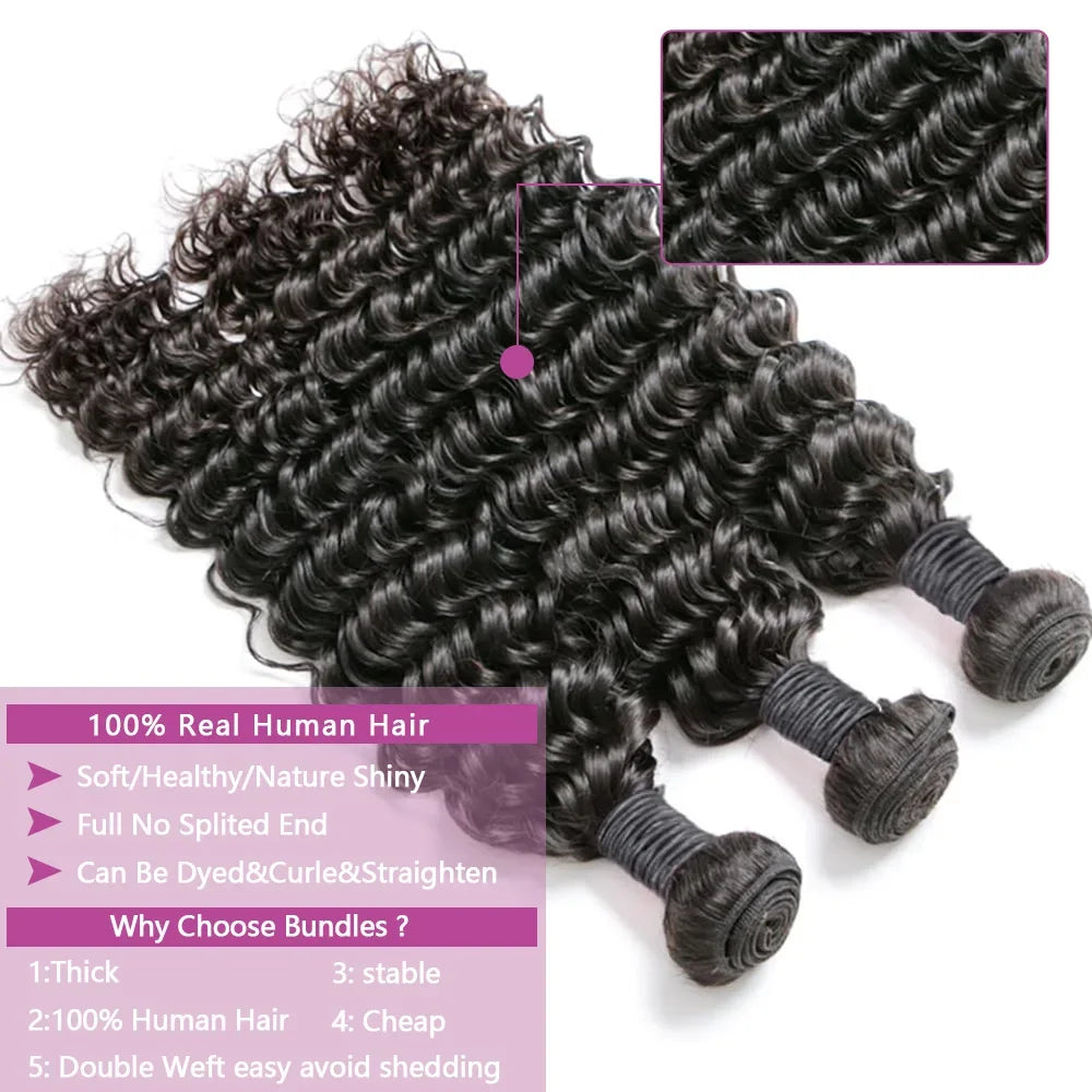 Queenlike Deep Wave Human Hair Bundles 24 26 28 inch Deep Curly Bundles 100% Human Hair for Women Brazilian Raw Hair Extensions