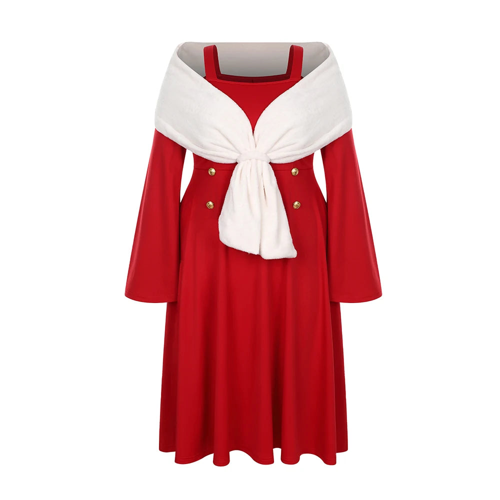 Christmas Dress for Women Plus Size Long Sleeve Oversize Warm Winter Red Elegant Dresses Girls Xmas New Year Party Costume
