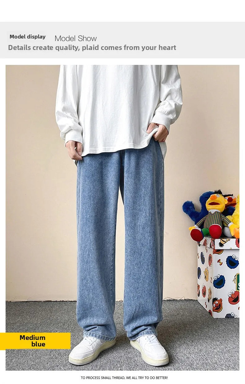 Jeans men's four-season new mopping straight loose wide legs trendy casual handsome comfortable trousers