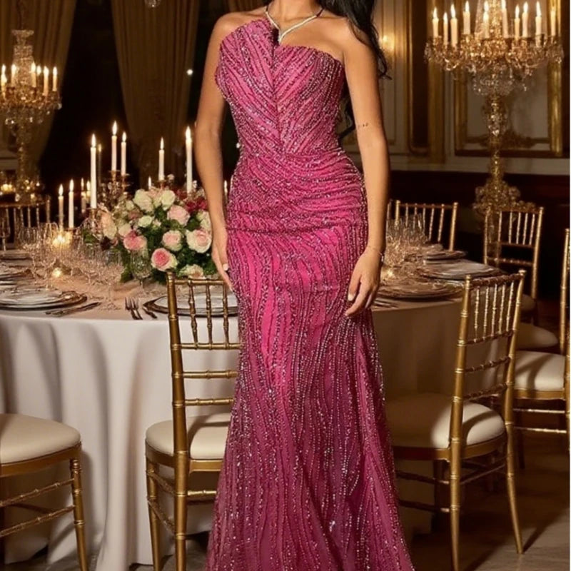 Evening Dresses Elegant Vintage Sweet Sexy Pink Mermaid Beads Lace Formal Occasion Long Dresses Sparkle Customized