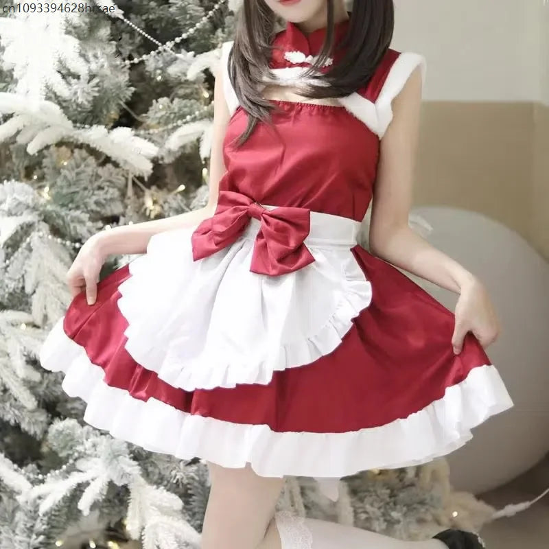 Christmas Maid Dress Girls Suit Red Lolita Cosplay Costume New Year Robe Sleeveless Party Uniform Xmas Clothing