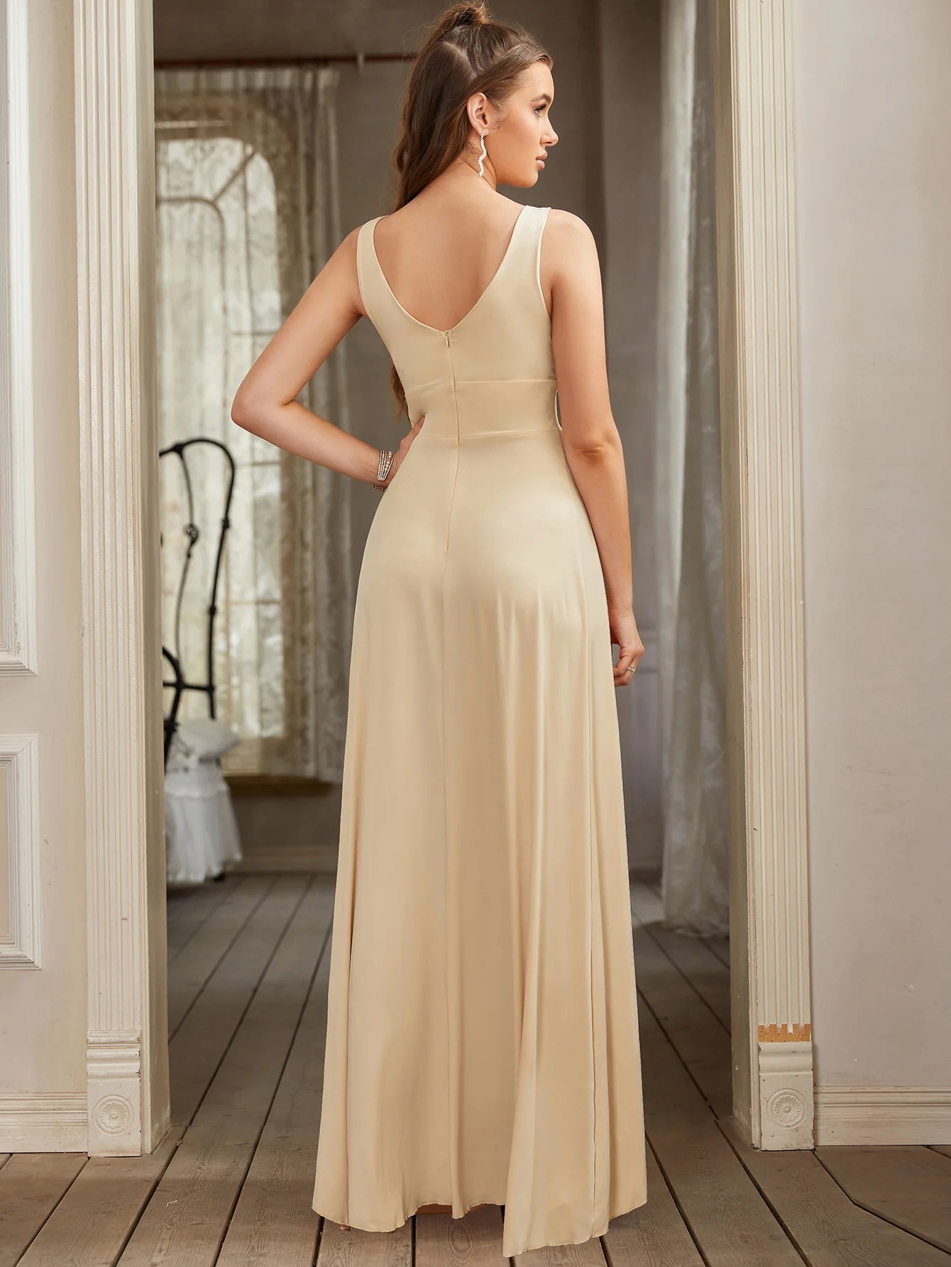 Women Evening Dresses 2025 Sister Group Sexy Split V Neck Backless Sleeveless Formal Wedding Party Prom Gowns Bridesmaid Vestido