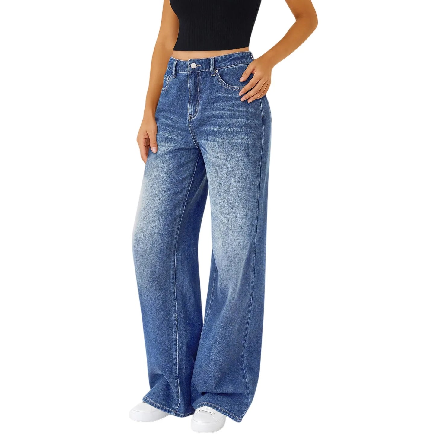 Jeans Women Straight Long Pants Casual Floor Length Mom Pant Blue High Waist Elegant Zipper Fly Pockets Slim Y2k Denim Trousers