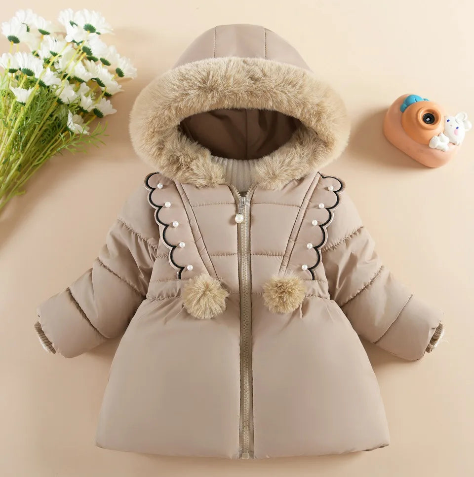 Children Autumn Winter Thick Cotton Coat Kids Girls Warm Pearls Jacket Plush Collar Hooded Windproof Outwear 1 To 6 Years Old