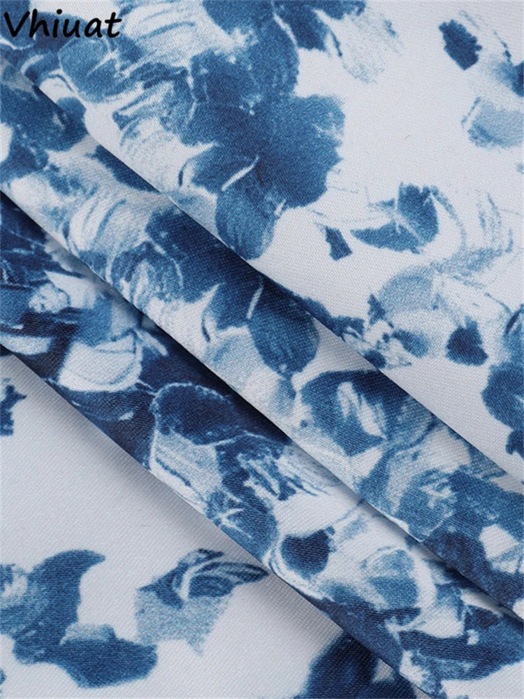 Vhiuat Blue Floral Print Cute Elegant Off Shoulder Mini A-Line Dress Lace Up Fashion Women Party Evening Dresses Summer 2024