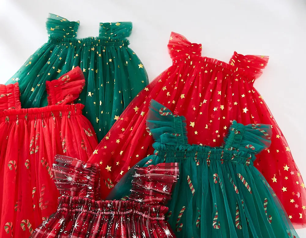 Christmas 2025 Girls Cute Fly Sleeve Star Printed Mesh Puffy Dress Halloween Children Party Photograph Princess Dress 1-6T