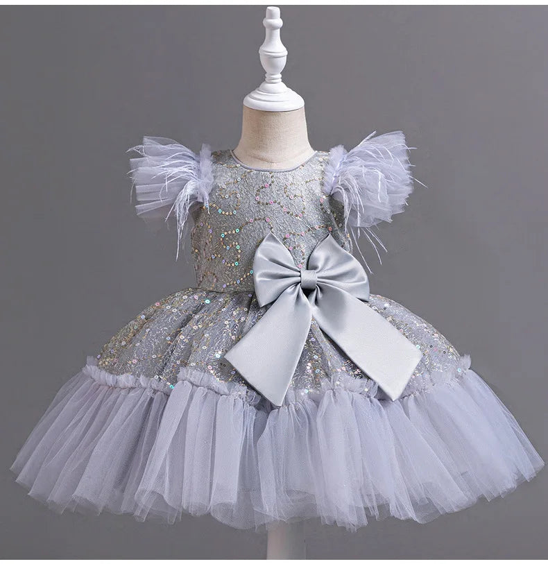 Summer New Girl's Sequin Flying Sleeves Big Bow Mesh Spliced Dress Birthday Party Wedding Flower Girl Princess Dress