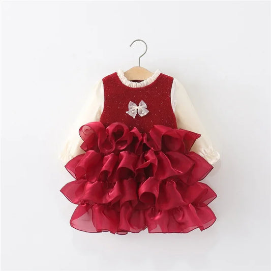 Christmas Girls Dress Ruffled Ball Gown Kids Girls Dresses Per Bow Decoration Girls Cake Dresses Kids Party Clothes