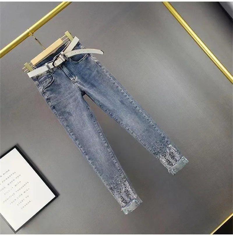 2025 Ladies Jeans Heavy Industry Rhinestone Skinny Jeans Women Spring Summer High Waist Denim Pants Korean Street Stretch Pants