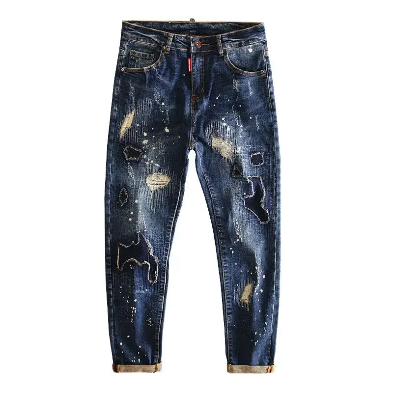 Jeans for Men Straight Cropped Trousers Graphic Motorcycle with Print Pockets Male Cowboy Pants Denim Y 2k Vintage Cotton Luxury