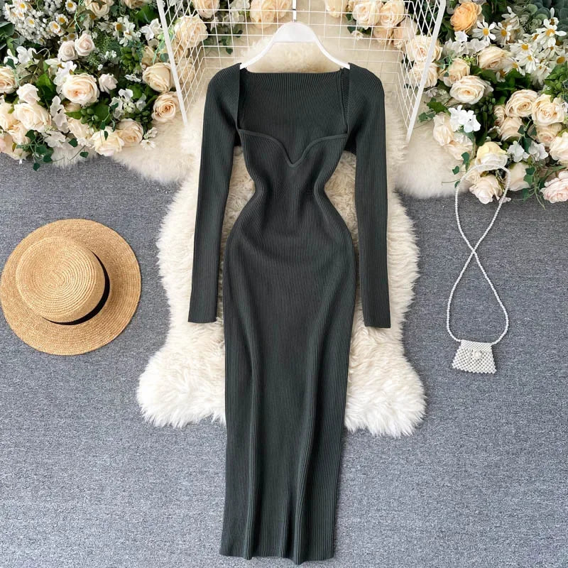 Dresses For Women 2026 Sexy Strapless Ribbed Knitted Bodycon Dress Women Winter Long Sleeve Midi Sweater Dress Clothes