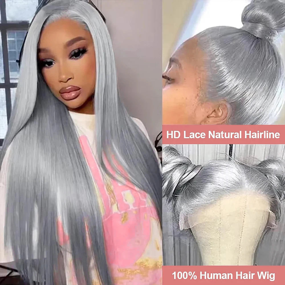 Silver Grey Straight Lace Front Human Hair Wig 40 Inches Colored HD Transparent 13x6 Lace Frontal Wig for Women Preplucked 250%