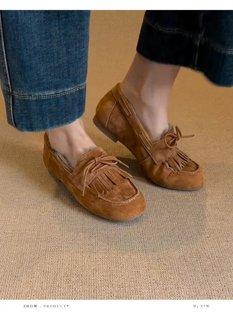 Boots for Women 2025 Hot Sale Warm Women's Flats Daily Casual Flats Women Bow Tie Fringe Round Toe Soft Bottom Boots Ladies