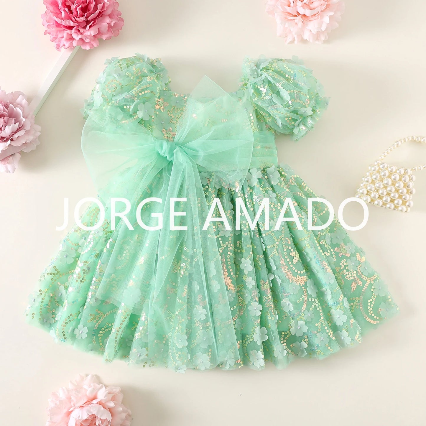 New Summer Teenager Girl's Dress Short Puff Sleeves Square Collar Appliques Large Bow Sequin Mesh Princess Lovely Clothing H7004