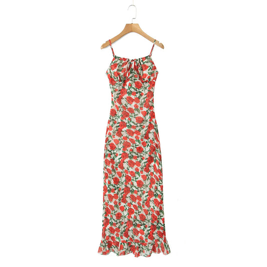 Midi dresses for women 2025 Summer bodycon dresses sexy vintage clothes dress elegant black dress front tie vintage floral dress