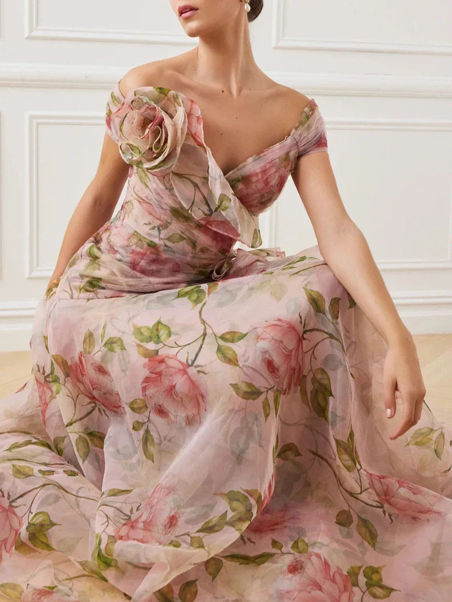 Evening Dresses for Women Sweet Floral Printing Slash Neck Short Sleeve High Waist Spliced Appliques Long Party Dress Female