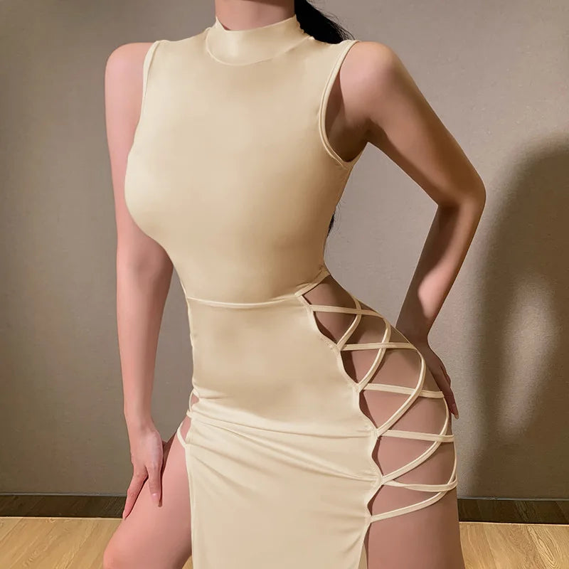 Sexy Side Split Cross Bandage Bodycon Dress Women Solid Color Sleeveless Asymmetric Skinny Dress Elegant Club Party Vestidos