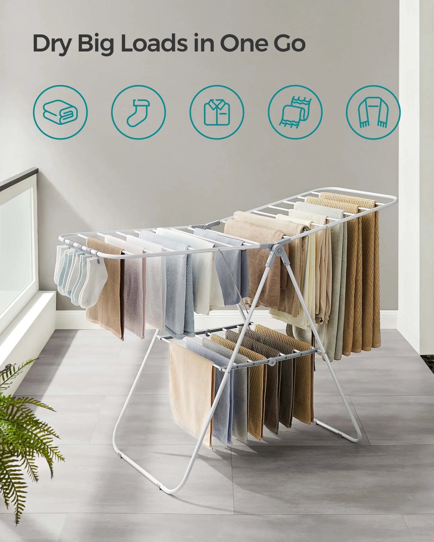 SONGMICS Clothes Drying Rack, With Sock Clips, Metal Laundry Rack, Foldable, Space-Saving, Free-Standing Airer, With Height-A