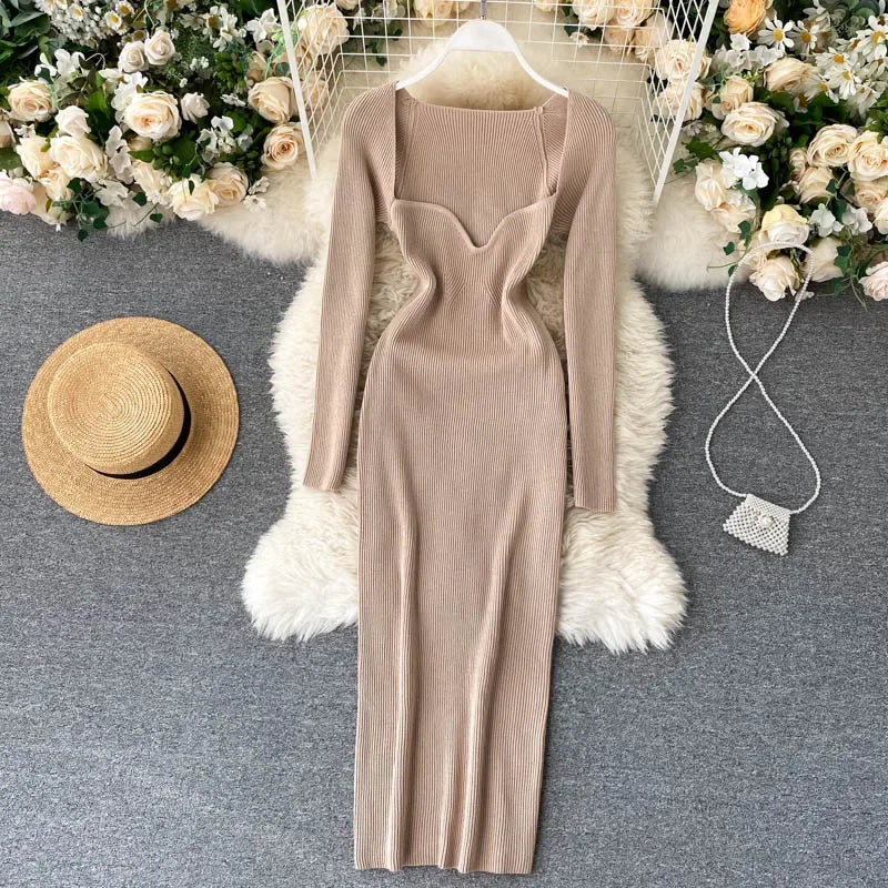 Dresses For Women 2026 Sexy Strapless Ribbed Knitted Bodycon Dress Women Winter Long Sleeve Midi Sweater Dress Clothes