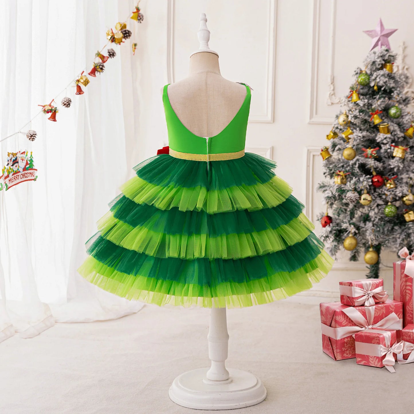 Christmas Dresses Girl Cartoon Print Princess Dress Children Red and Green Sequined Mesh Puff BalL Gown Carnival Clothes