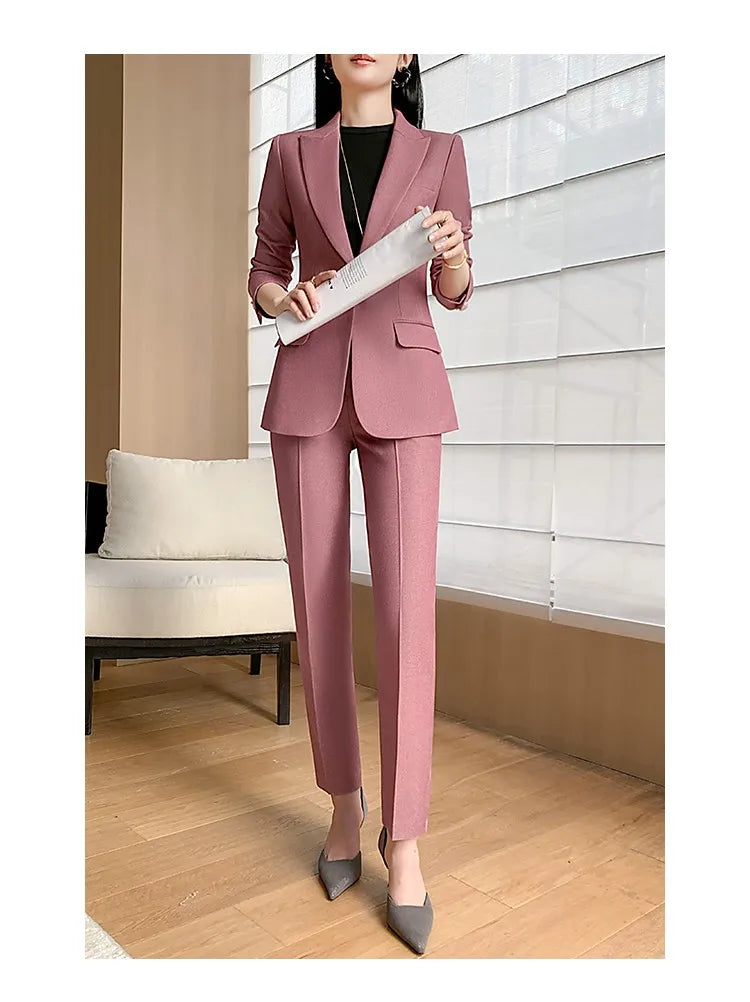 Fashion New Women Vintage Formal Solid Pantsuit Elegant Chic Blazer Coat Straight Pants Outfits Female Interview Two Pieces Set