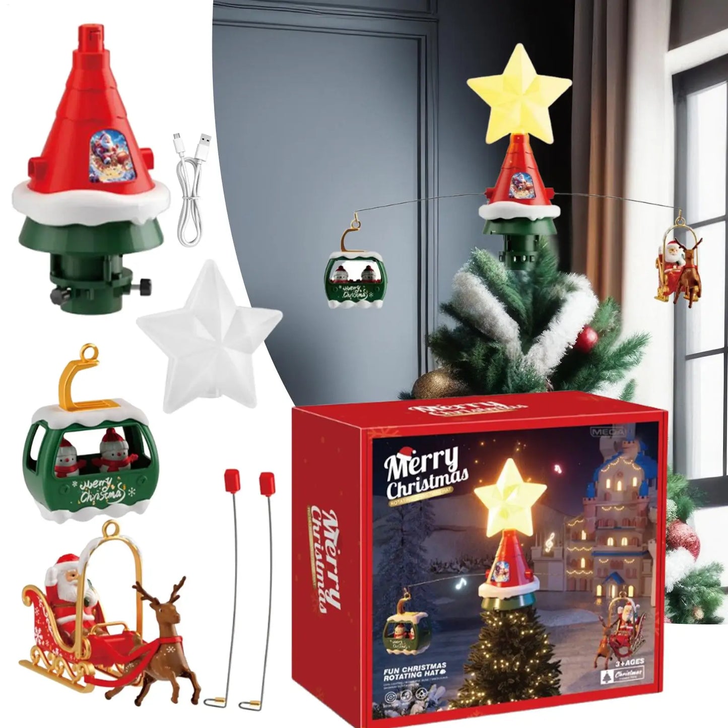 Christmas Tree Topper Rotating Treetop Decoration Tree Topper Ornaments Holiday Winter Party Supplies with LED Light and Music