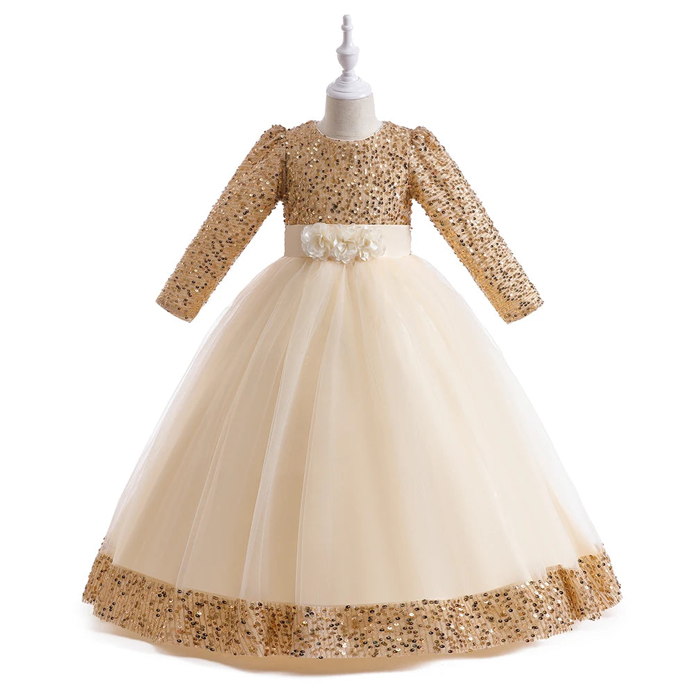 Christmas Princess Dress For Girls Children Costume Long Sleeve Sequin Wedding Evening Vestidos Kids Girl Birthday Party Dresses