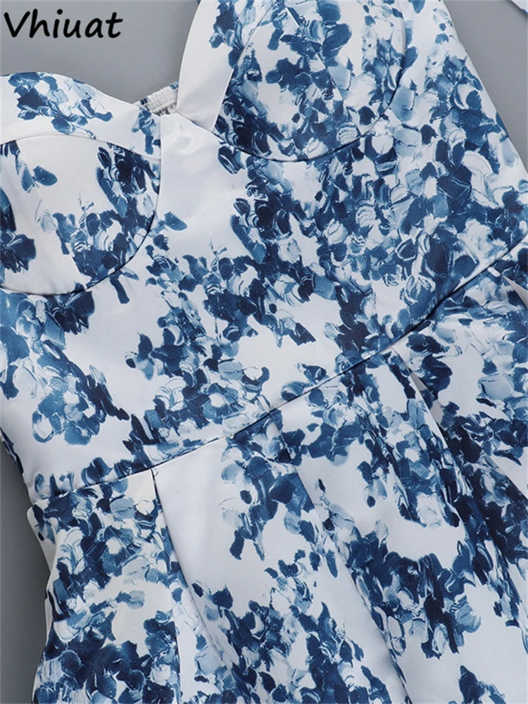 Vhiuat Blue Floral Print Cute Elegant Off Shoulder Mini A-Line Dress Lace Up Fashion Women Party Evening Dresses Summer 2024