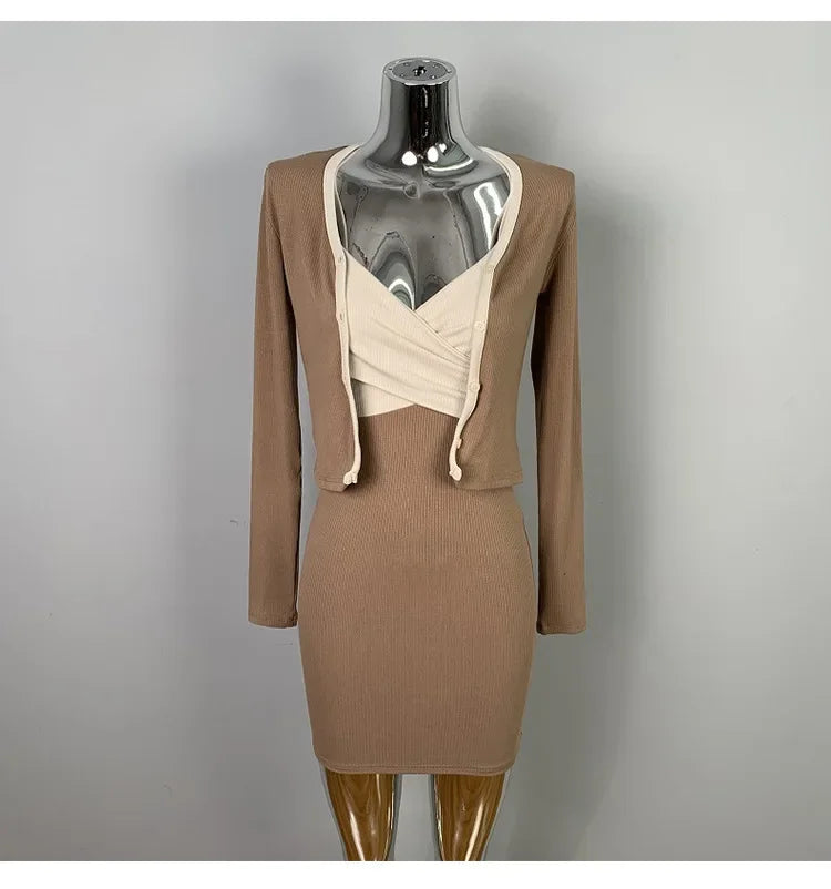 Korean Dongdaemun Slim Fit Sexy Pure Desire Wrap Body Strap Dress Long Sleeve Cardigan Two Piece Set Women's Fashion Outfit