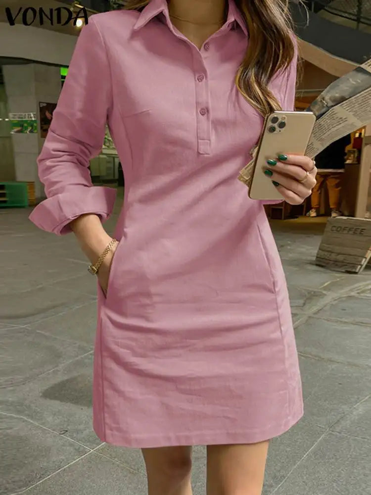 VONDA 2025 Summer Shirt Dress Women Elegant Long Sleeve Solid Color Sundress Casual Loose Buttons Pockets Short Mini Vestidos